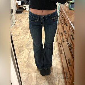 INC Denim Embroidered Beaded Dark Wash Vintage Y2K 00s Low Rise Flare Jeans